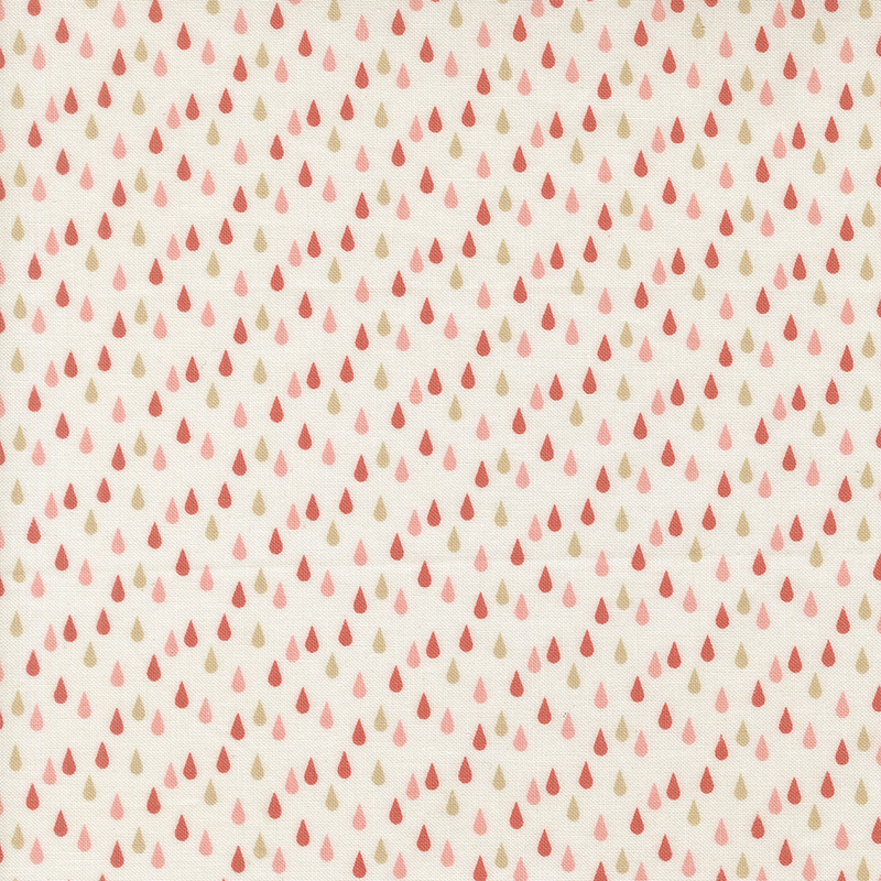 This white fabric features salmon pink, pink and beige rain drops. 