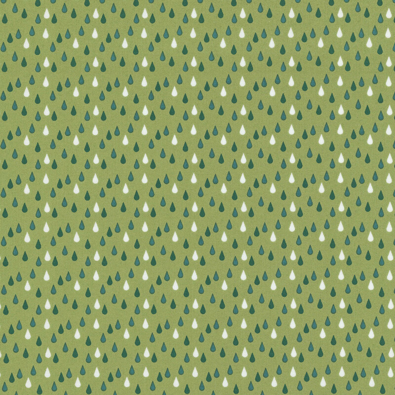 This sage green fabric features phthlao green, green, and white rain drops. 