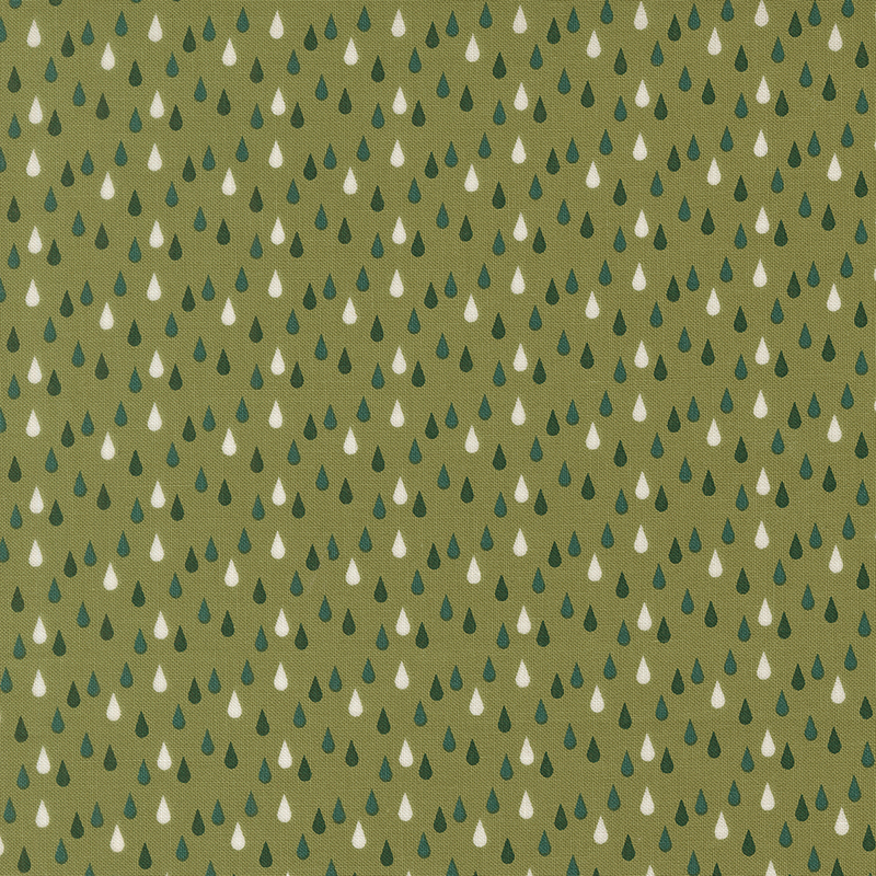 This sage green fabric features phthlao green, green, and white rain drops. 