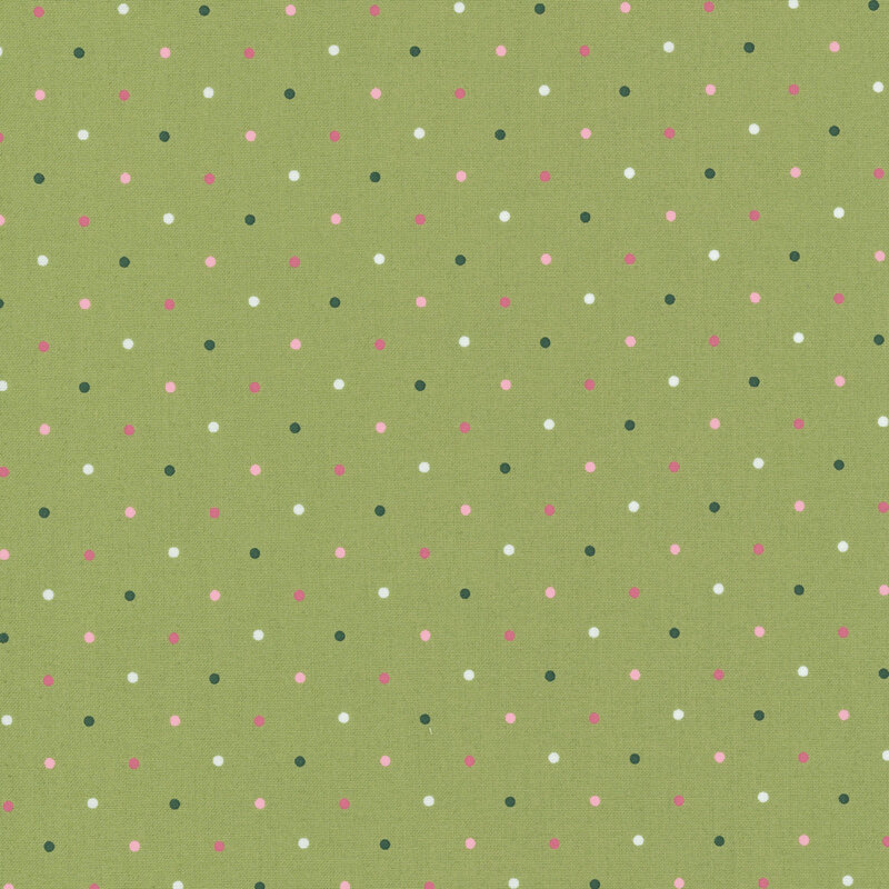 A olive green fabric with a white, pink, coral and dark green dot pattern.