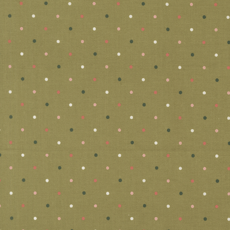 A olive green fabric with a white, pink, coral and dark green dot pattern.