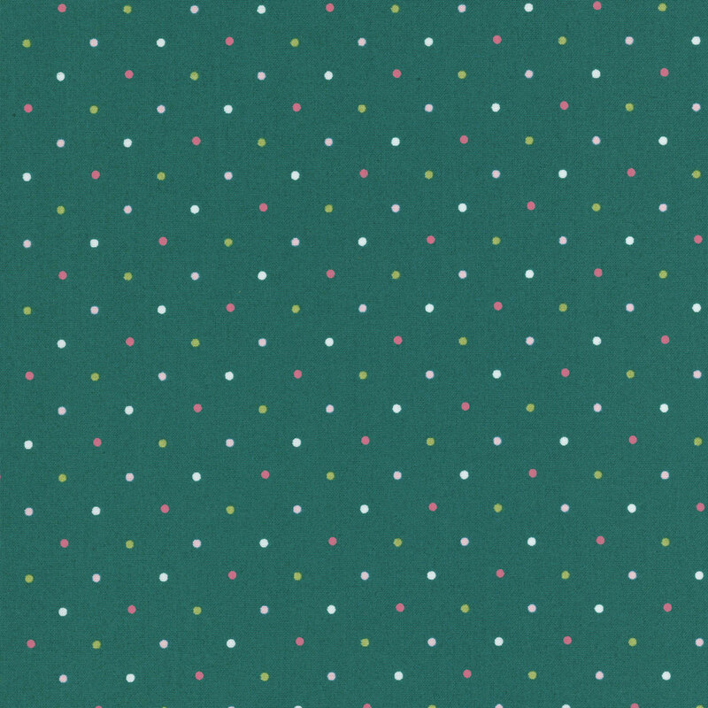A phthalo green fabric with a white, pink, coral and olive green dot pattern.