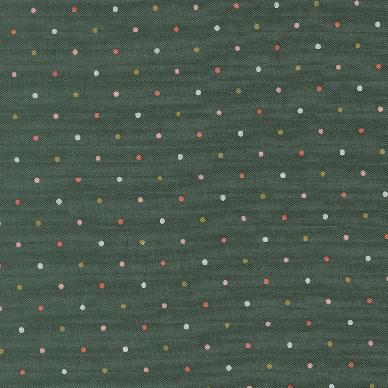A phthalo green fabric with a white, pink, coral and olive green dot pattern.