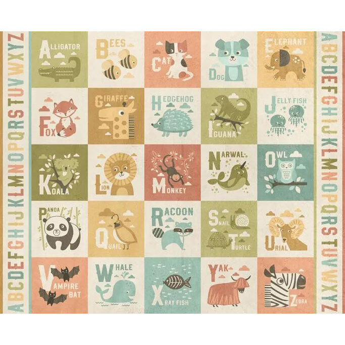 Panel fabric featuring a checker block design with alphabet letters and animals in hues of green, blue, pink, yellow, and ivory.
