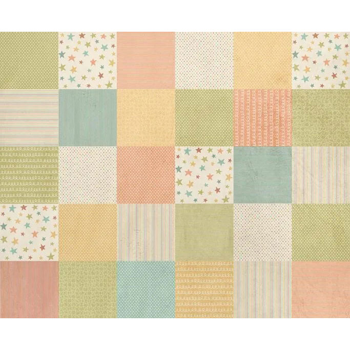 Patchwork fabric featuring stripes, stars, dots, and squiggly lines in muted hues.