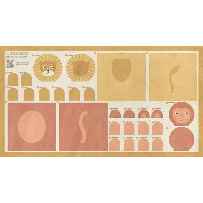 Panel fabric featuring the golden lion cut outs and rose pink monkey cut outs.