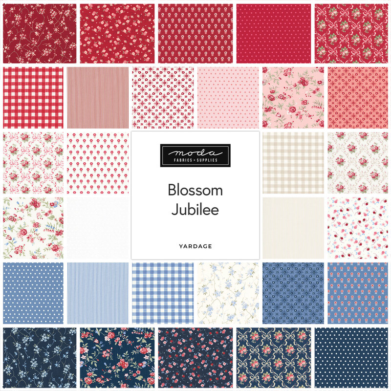 Square collage of fabrics from the Blossom Jubilee collection featuring florals, ginghams, and polka dots in shades of red, pink, ivory, and blue.