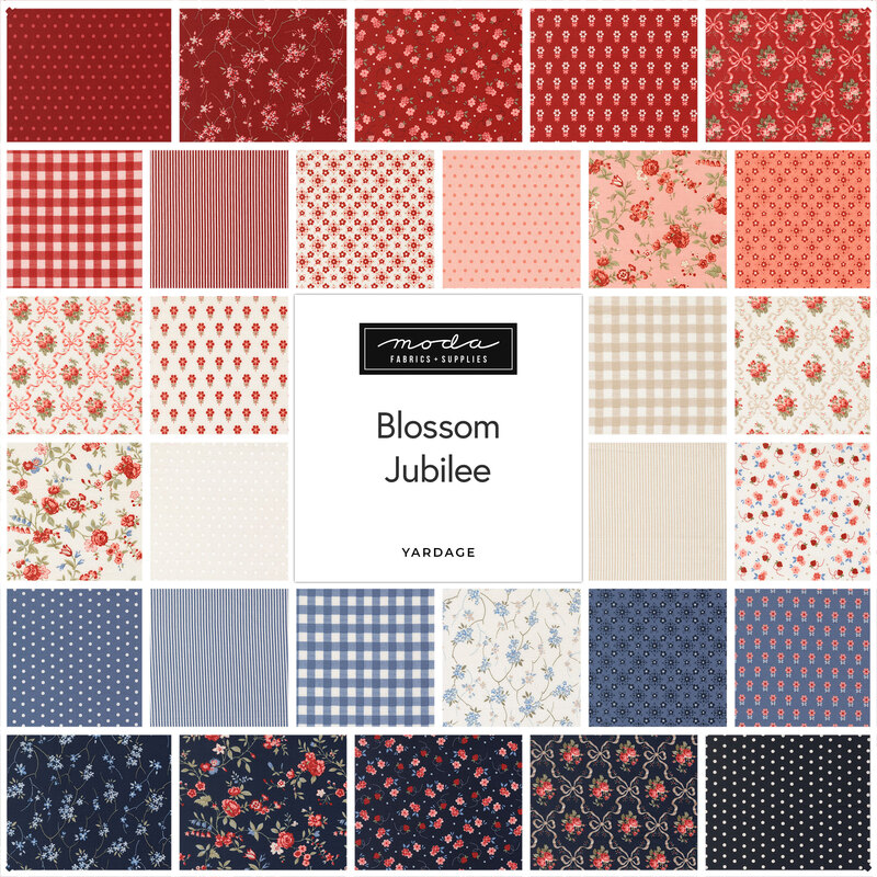 Square collage of fabrics from the Blossom Jubilee collection featuring florals, ginghams, and polka dots in shades of red, pink, ivory, and blue.