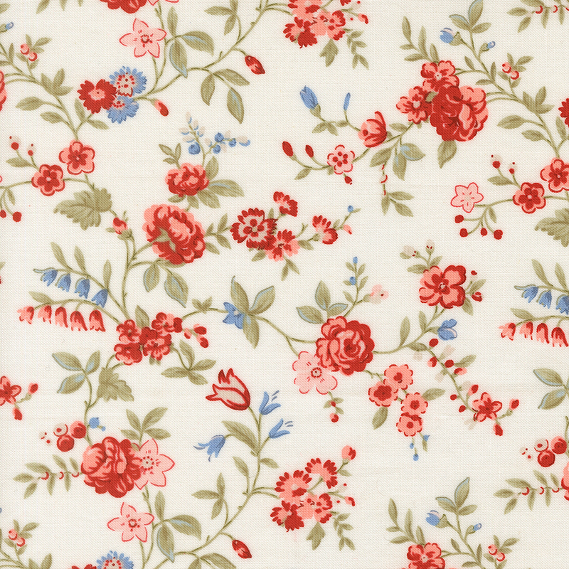 Red, pink, and blue florals with pale sage greenery on a white background.
