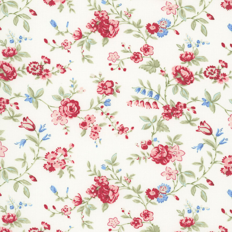Red, pink, and blue florals with pale sage greenery on a white background.