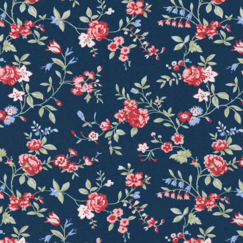 Red, pink, white, and blue florals with pale sage greenery on a dark indigo background.