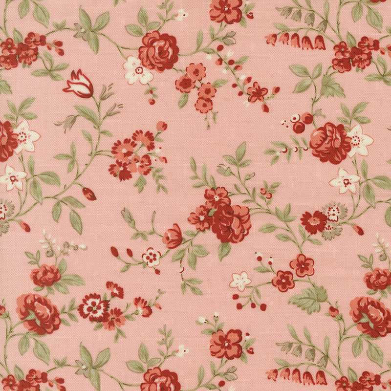 Red and pink florals with pale sage greenery on a peach pink background.