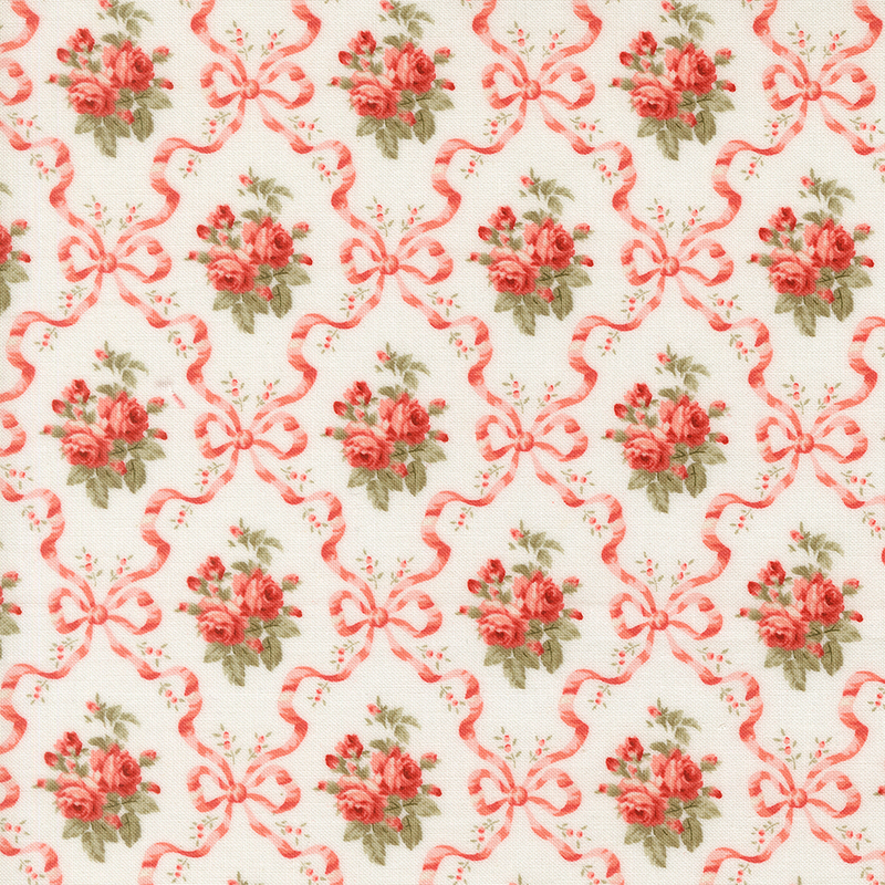 Pink ribbon and bow diamond patterns accented by pink roses and greenery on a white background.