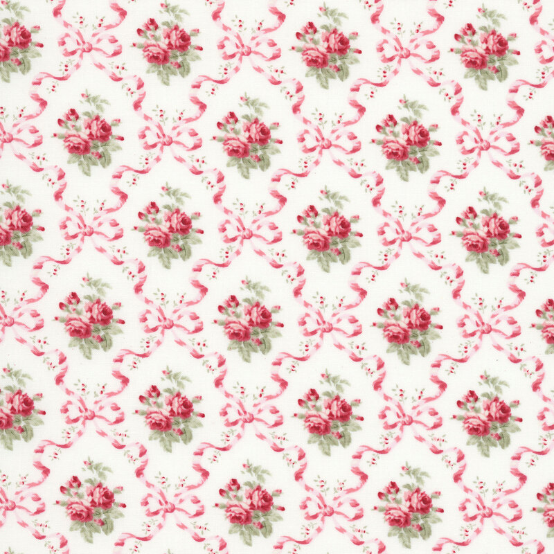 Pink ribbon and bow diamond patterns accented by pink roses and greenery on a white background.
