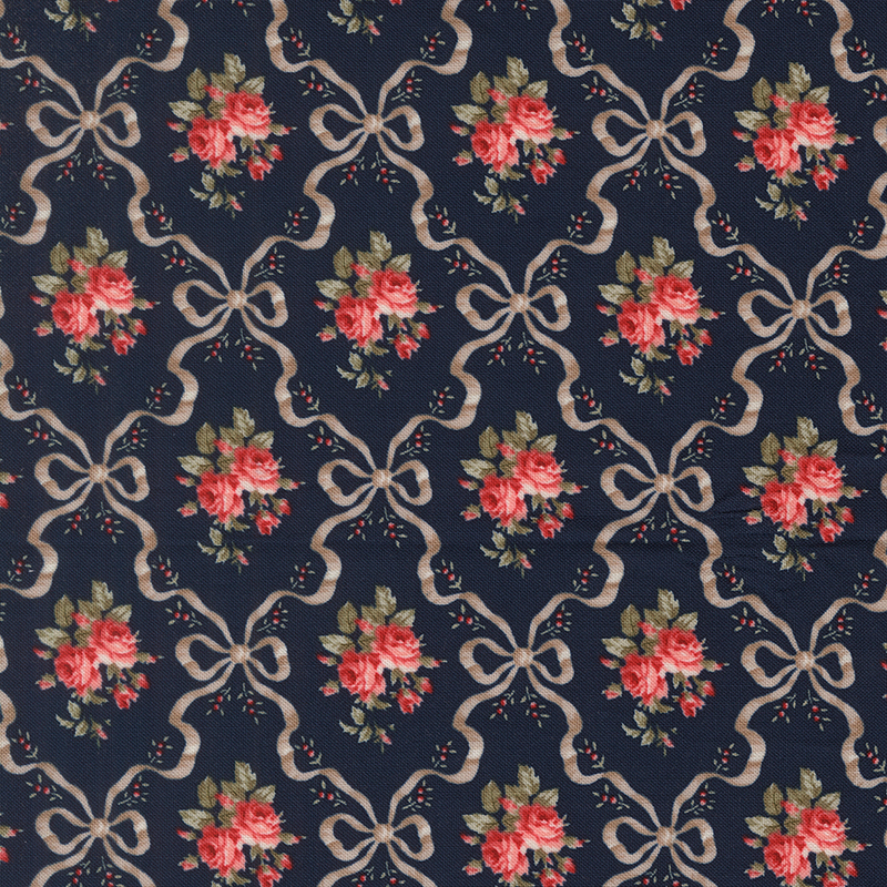 Taupe ribbon and bow diamond patterns accented by pink roses and greenery on a dark indigo background.