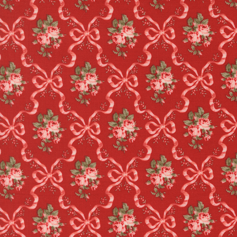 Pink ribbon and bow diamond patterns accented by pink roses and greenery on a red background.