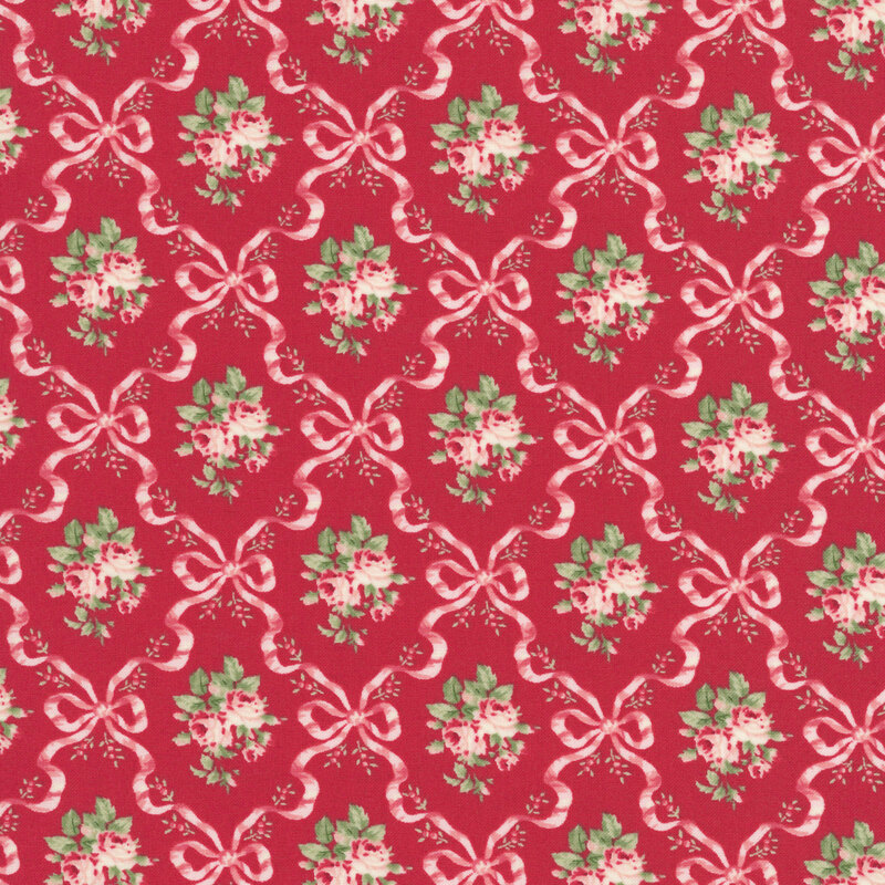 Pink ribbon and bow diamond patterns accented by pink roses and greenery on a red background.