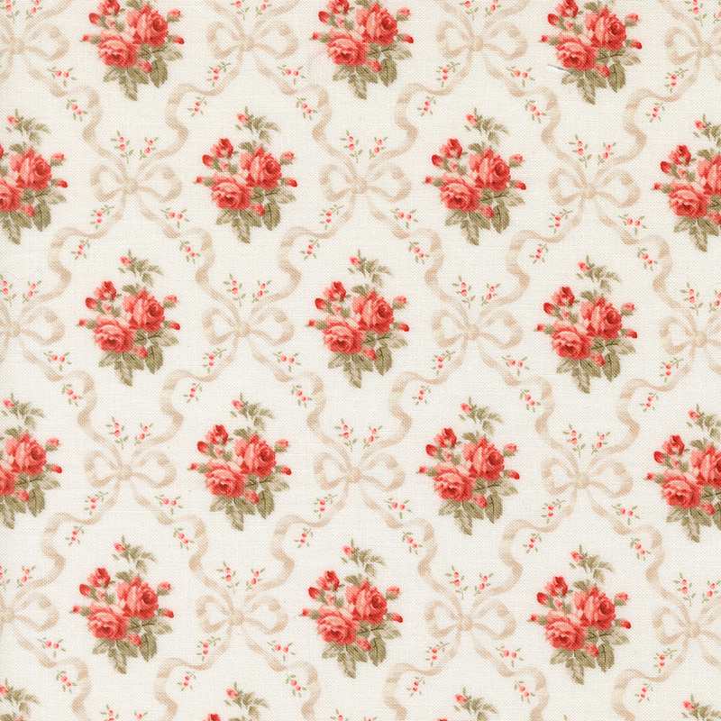 Taupe ribbon and bow diamond patterns accented by pink roses and greenery on a white background.