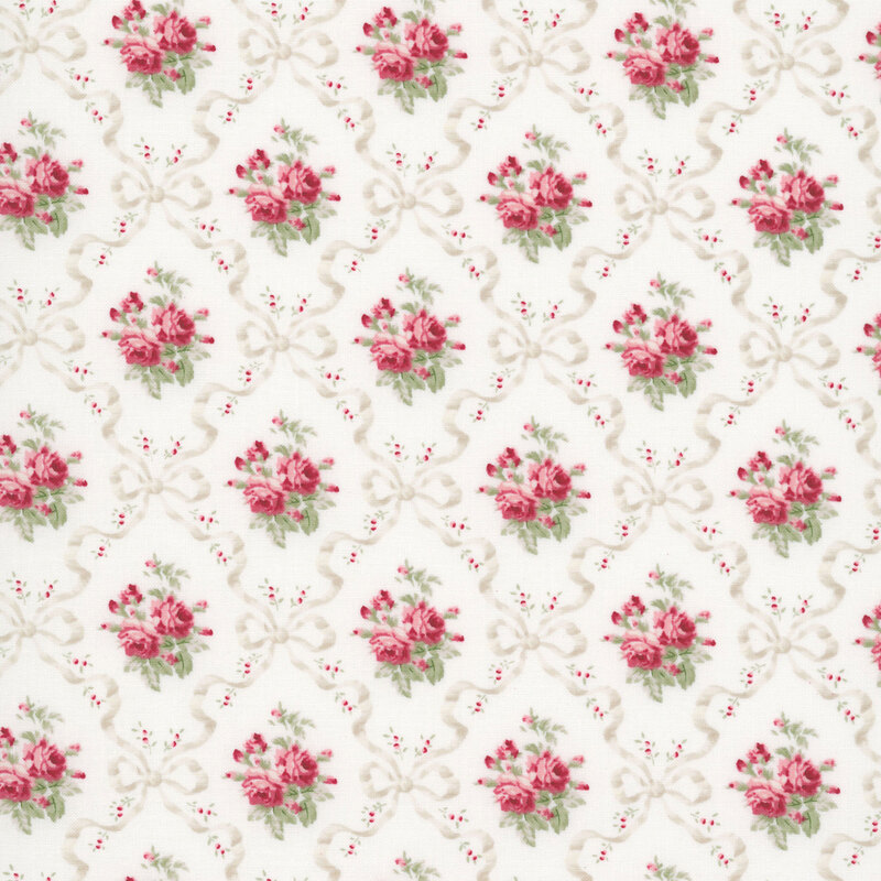Taupe ribbon and bow diamond patterns accented by pink roses and greenery on a white background.