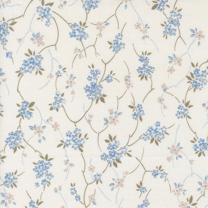 Blue and greige floral blossoms connected by pale olive and blue vines on a white background.