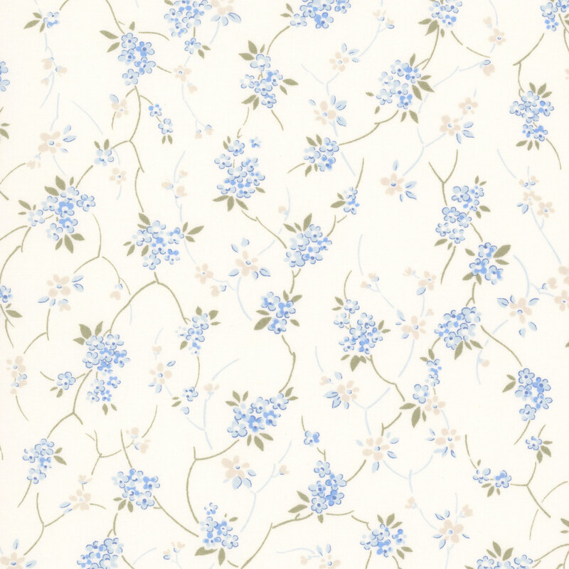 Blue and greige floral blossoms connected by pale olive and blue vines on a white background.