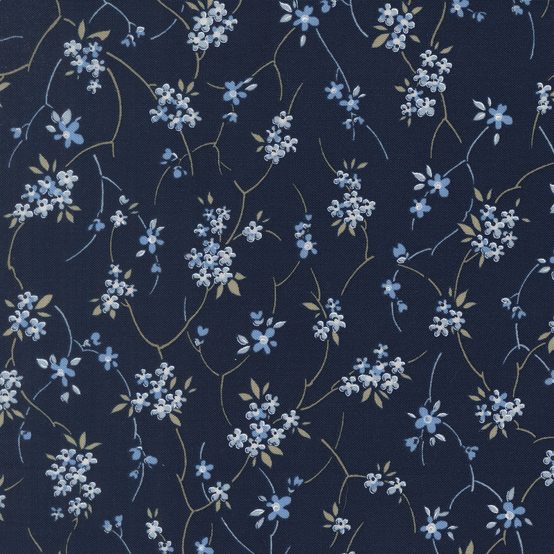 Blue and white floral blossoms connected by lemon grass and pale blue vines on a dark navy background.