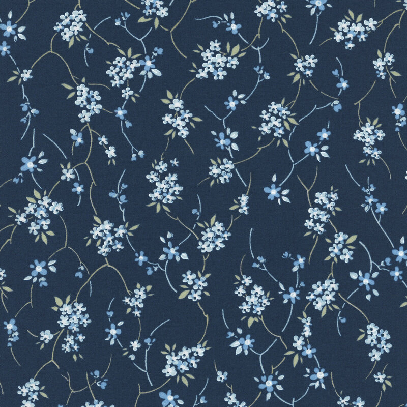 Blue and white floral blossoms connected by lemon grass and pale blue vines on a dark navy background.