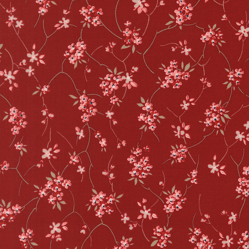 Pink and beige floral blossoms connected by pale taupe and lemon grass vines on a ruby red background.