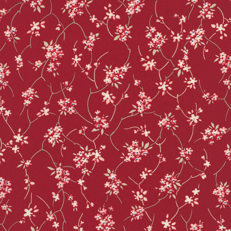 Pink and beige floral blossoms connected by pale taupe and lemon grass vines on a ruby red background.