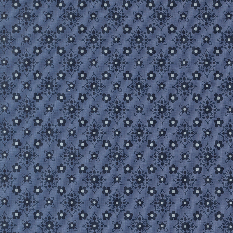 Steel blue fabric featuring a repeating pattern of small dark florals with stylized floral medallions in hues of dark indigo and white.