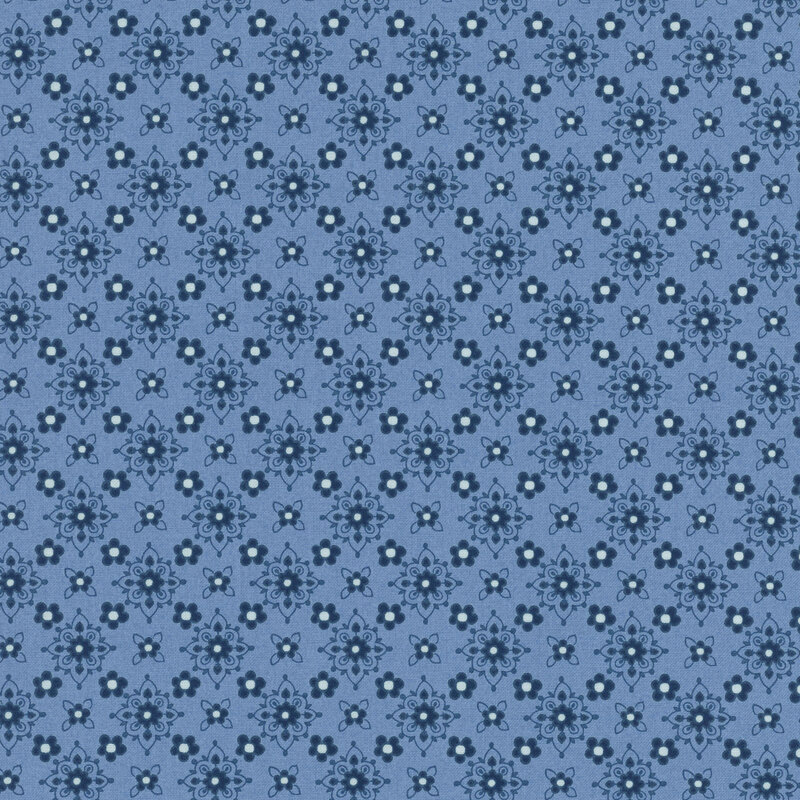 Steel blue fabric featuring a repeating pattern of small dark florals with stylized floral medallions in hues of dark indigo and white.