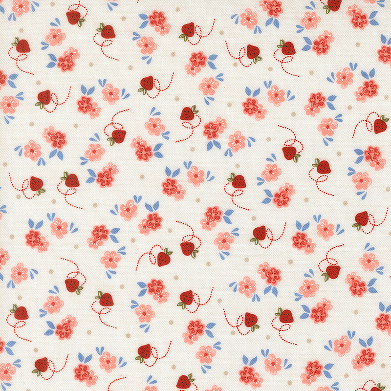White fabric featuring tiny strawberries, pink blossoms with blue leaves, and taupe dots.