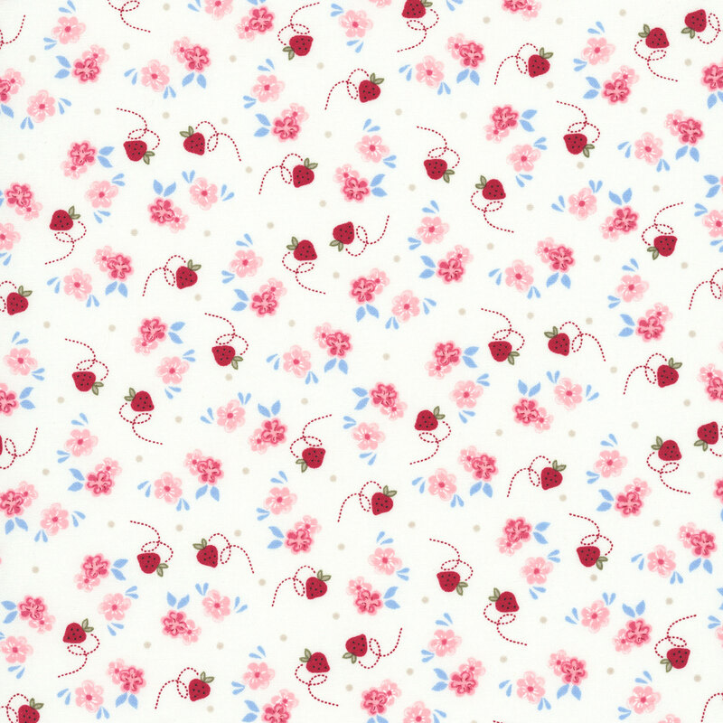 White fabric featuring tiny strawberries, pink blossoms with blue leaves, and taupe dots.