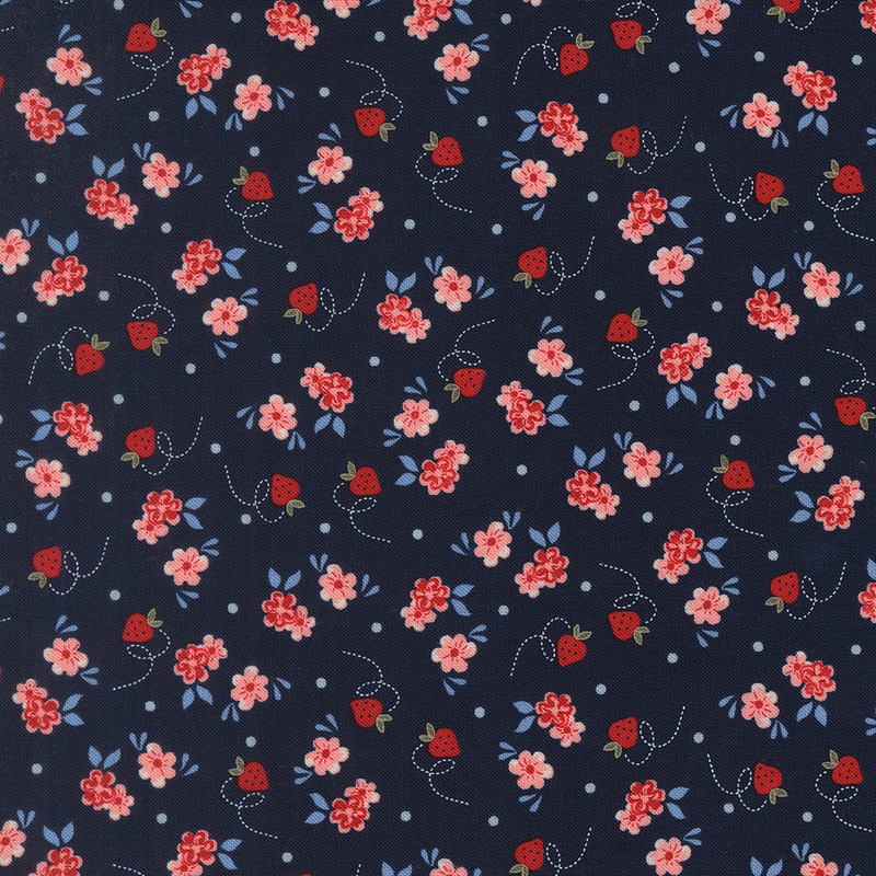 Midnight blue fabric featuring tiny strawberries, pink blossoms with blue leaves, and pale blue dots.