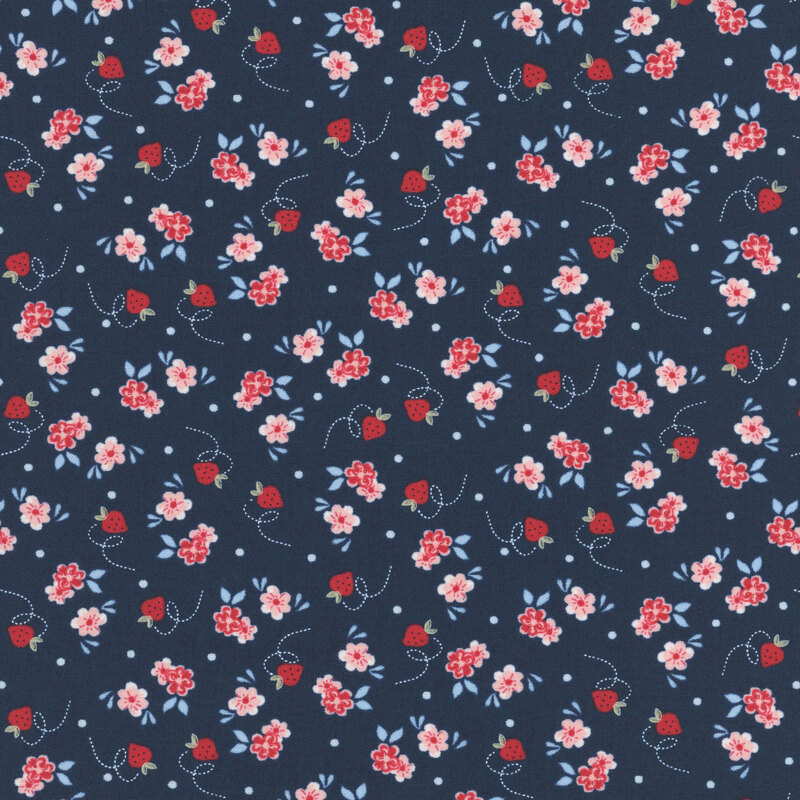 Midnight blue fabric featuring tiny strawberries, pink blossoms with blue leaves, and pale blue dots.