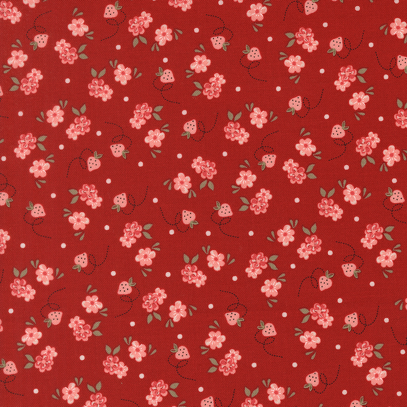 Cardinal red fabric featuring tiny strawberries, pink blossoms with sage leaves, and white dots.