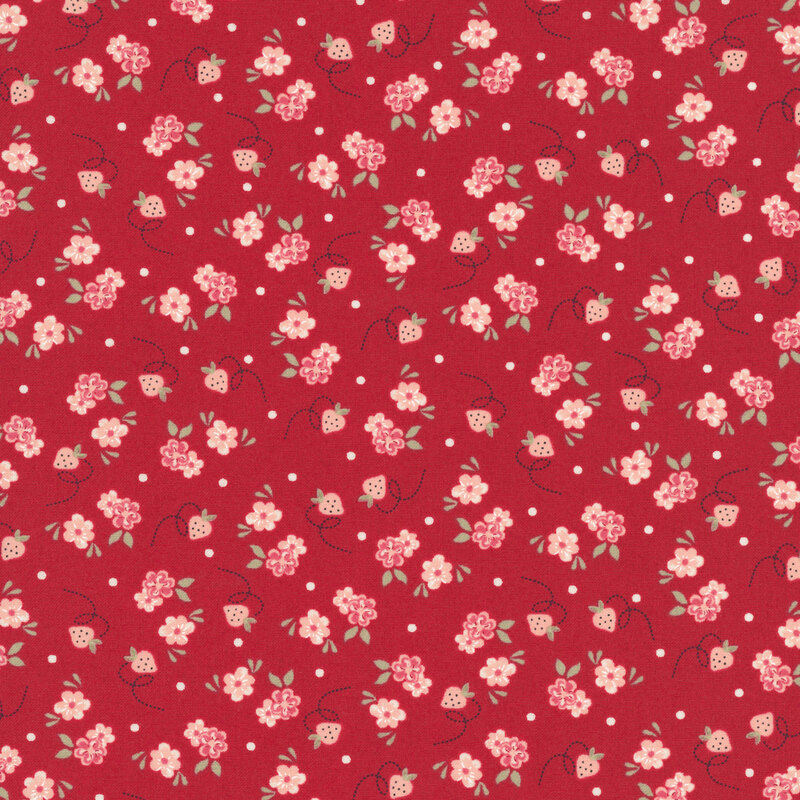 Cardinal red fabric featuring tiny strawberries, pink blossoms with sage leaves, and white dots.