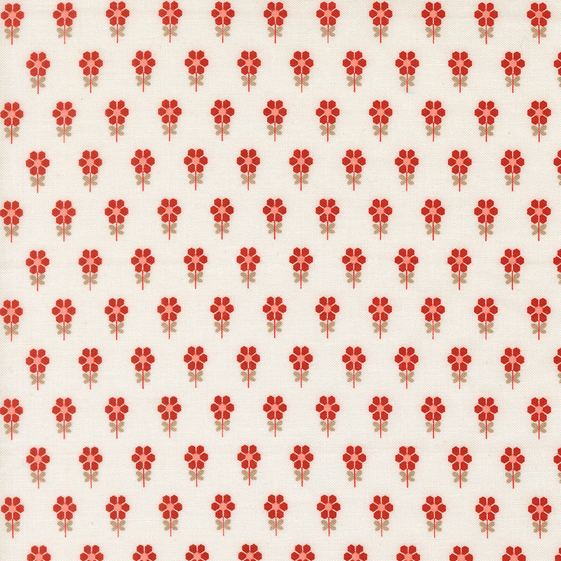 White fabric featuring a repeating pattern of stylized red flowers with taupe leaves.