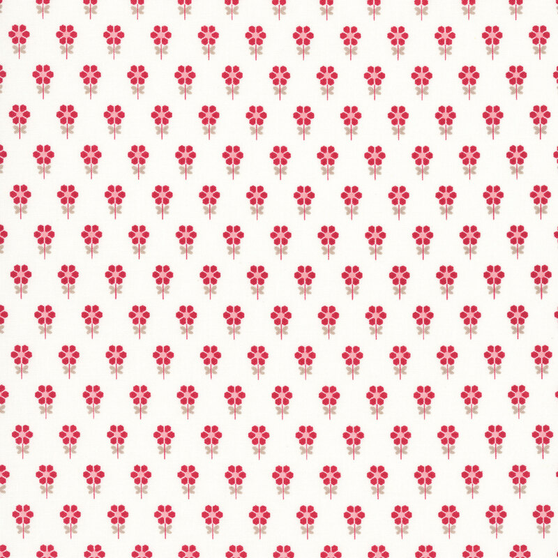 White fabric featuring a repeating pattern of stylized red flowers with taupe leaves.