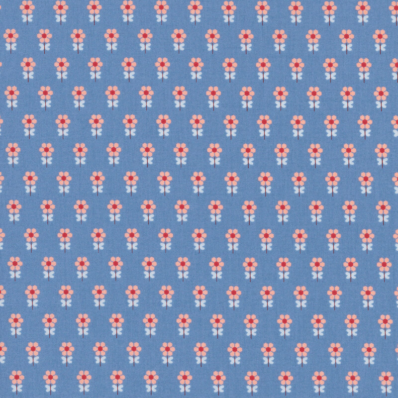 Denim blue fabric featuring a repeating pattern of stylized peach flowers with blue leaves..