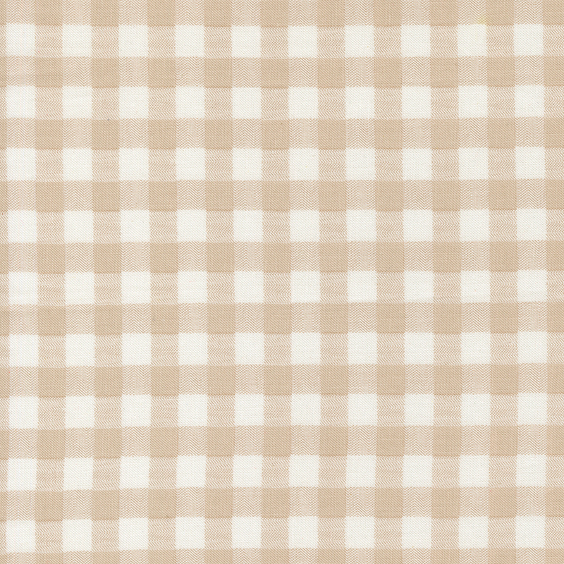 White and beige gingham plaid fabric swatch.