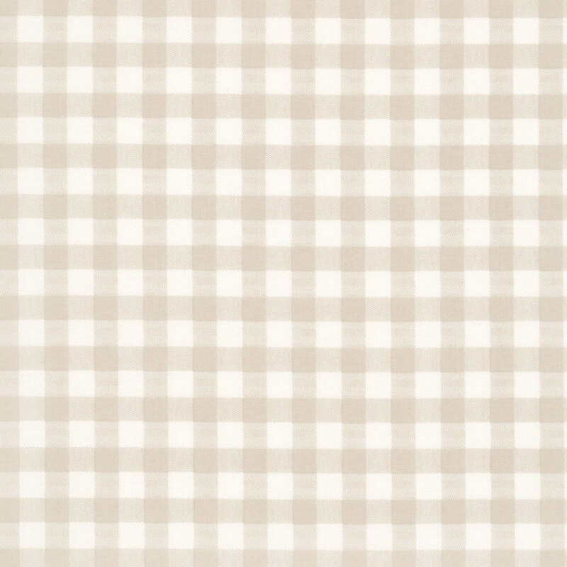 White and beige gingham plaid fabric swatch.