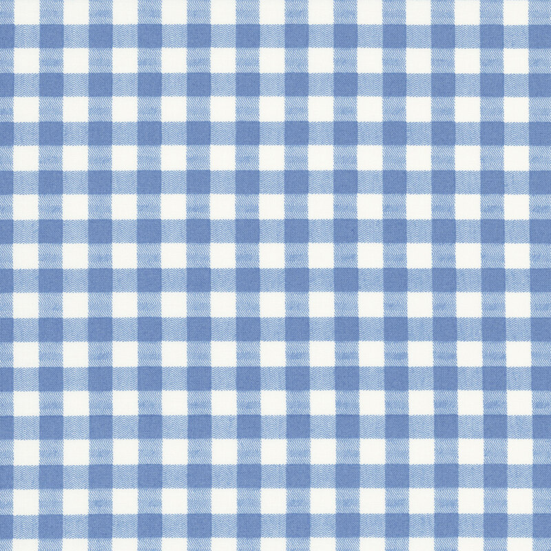 White and blue gingham plaid fabric swatch.