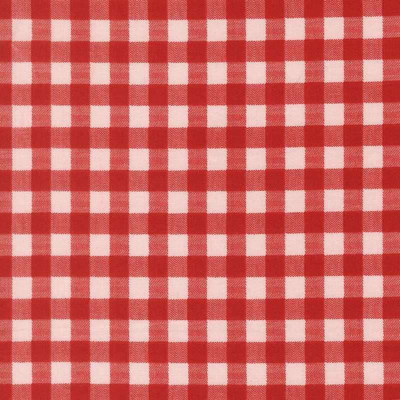 White and red gingham plaid fabric swatch.