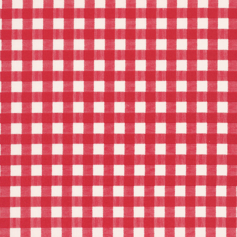 White and red gingham plaid fabric swatch.