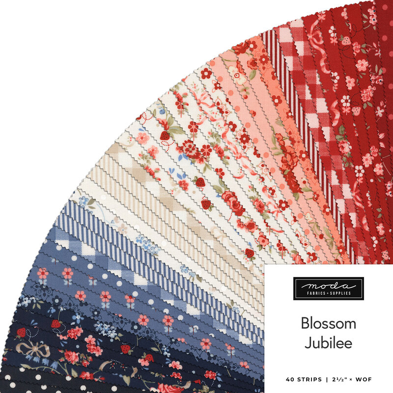 Fanned collage of fabrics from the Blossom Jubilee collection featuring florals, ginghams, and polka dots in shades of red, pink, ivory, and blue.