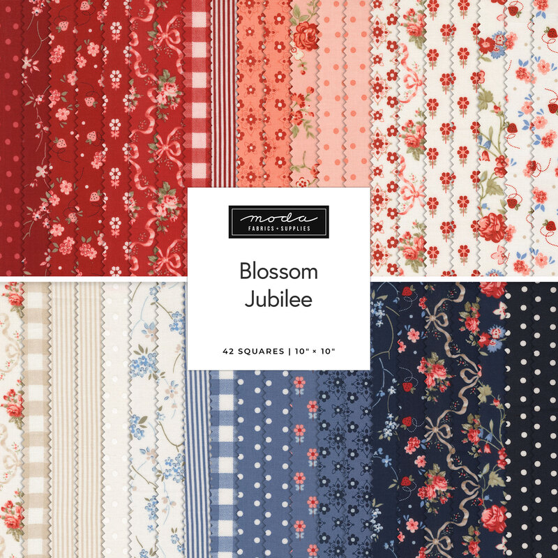 Square collage of fabrics from the Blossom Jubilee collection featuring florals, ginghams, and polka dots in shades of red, pink, ivory, and blue.