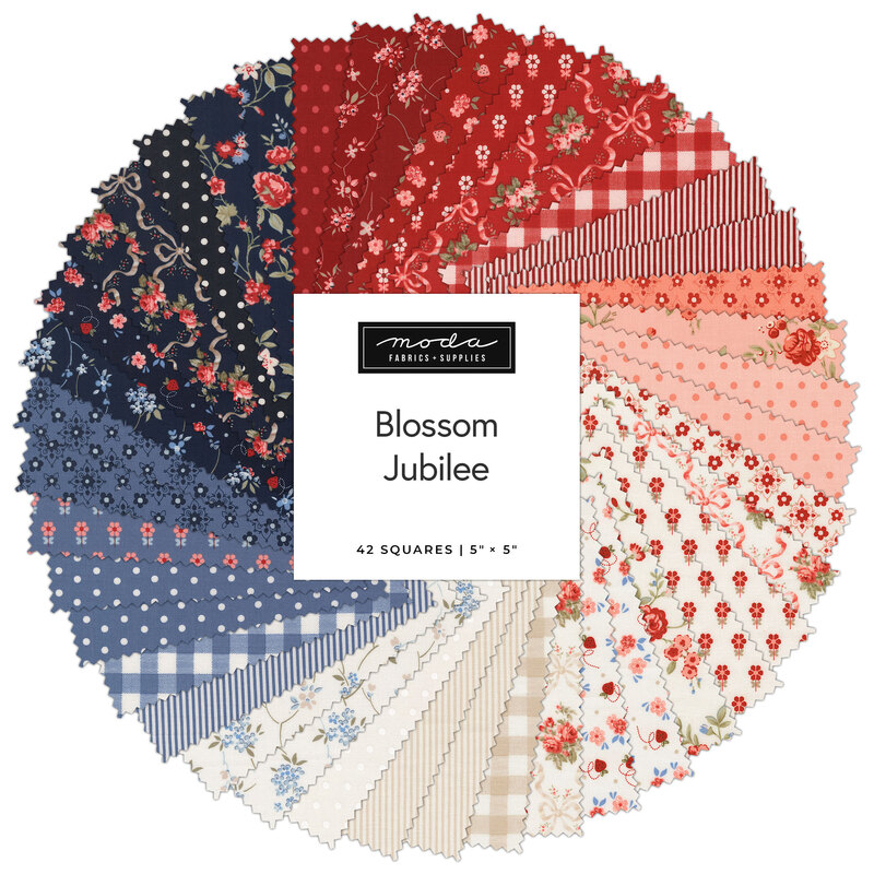 Circular collage of fabrics from the Blossom Jubilee collection featuring florals, ginghams, and polka dots in shades of red, pink, ivory, and blue.