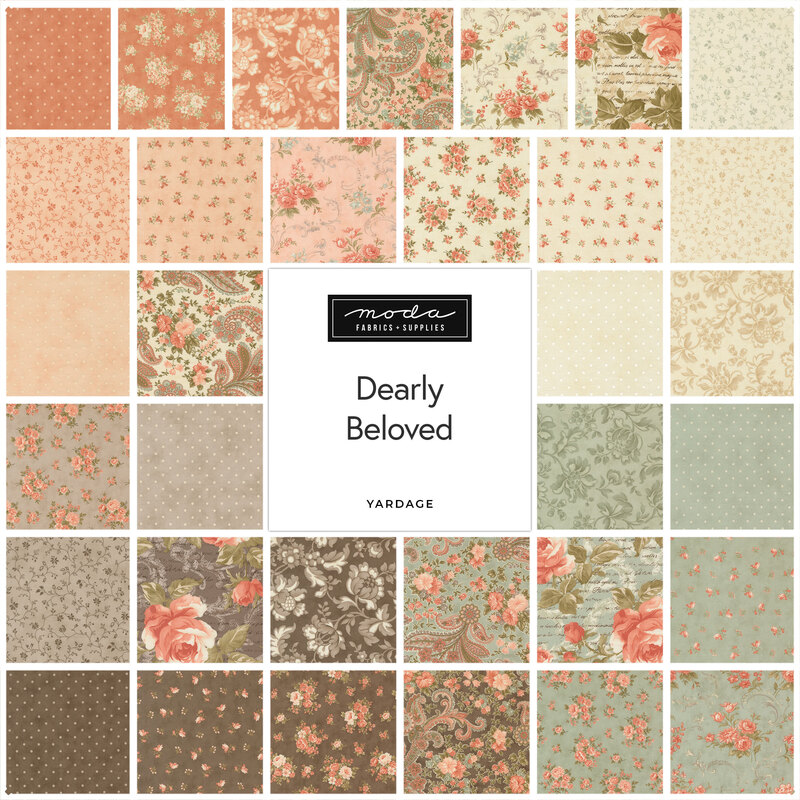 A square collage of the Dearly Beloved fabrics featuring floral and polka dot prints in hues of brown, green, peach, and cream.
