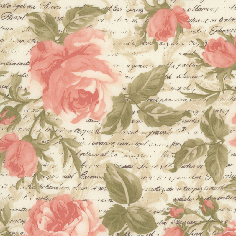 Large floral print and vintage cursive text on a layered cream background.